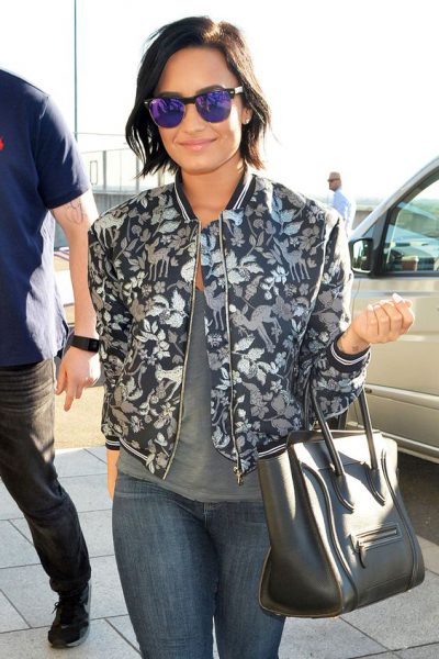 Demi Lovato in a Floral Bomber Jacket