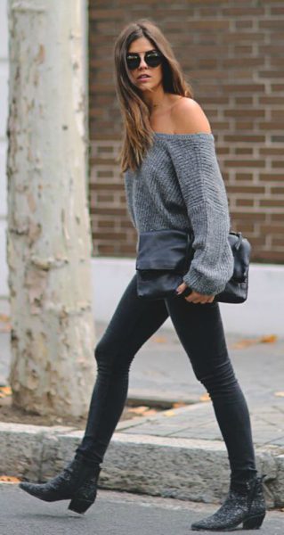 An off the shoulder sweater works great in transitional weather